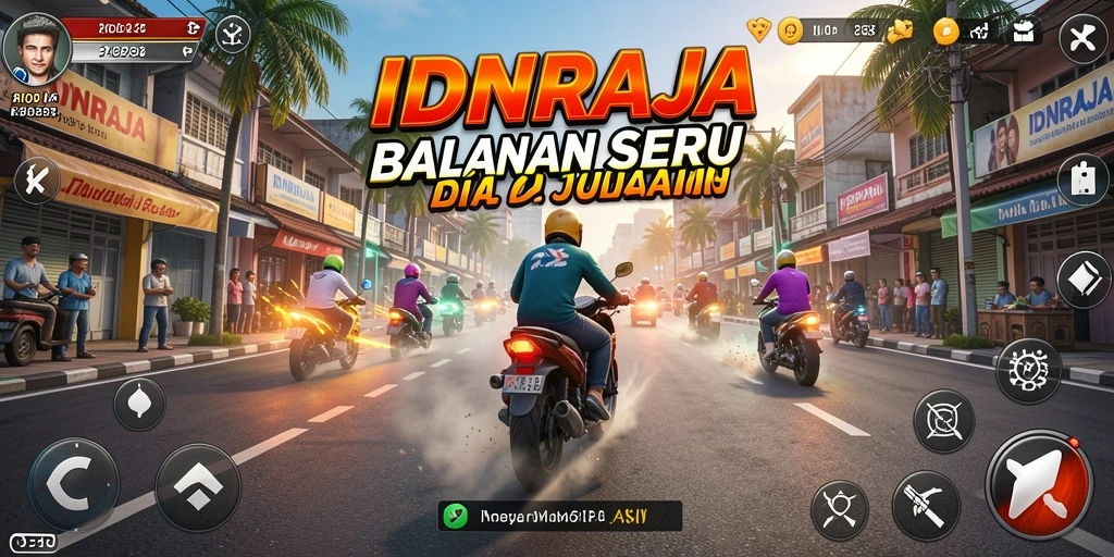 Screenshot gameplay IDNRAJA menampilkan balapan mendebarkan dengan mobil cepat.
