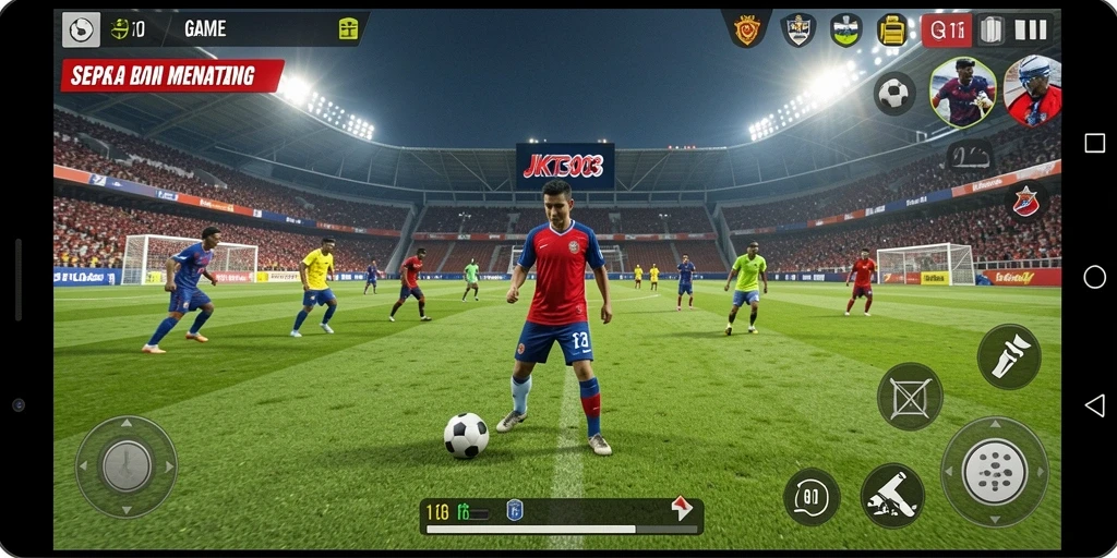 Tampilan gameplay JKT303 dengan aksi sepak bola yang seru dan menegangkan.