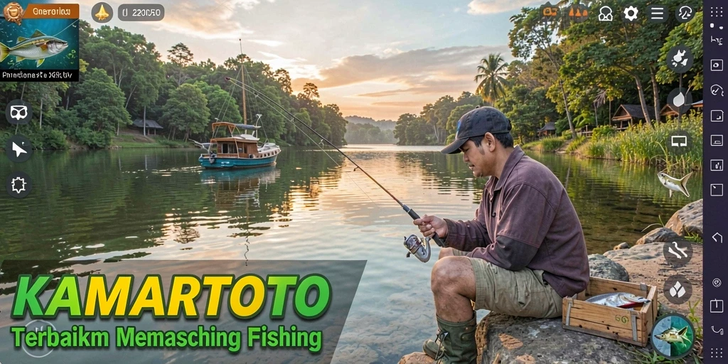 Screenshot gameplay KAMARTOTO menampilkan aksi memancing yang intens.