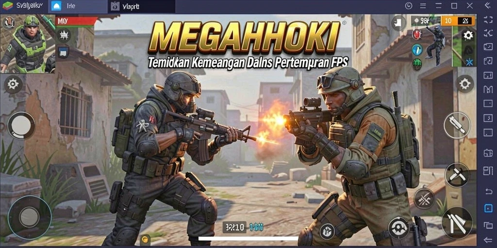 Tangkapan layar menunjukkan aksi intens dalam permainan MEGAHOKI FPS.