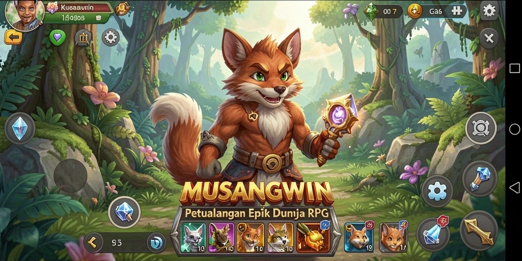 Screenshot utama MUSANGWIN menampilkan karakter dalam pertempuran epik di dunia RPG.