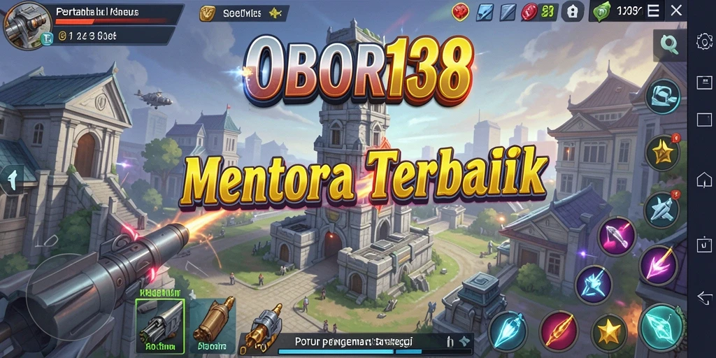 Screenshot OBOR138 menunjukkan menara menakjubkan dalam aksi melawan gelombang musuh.