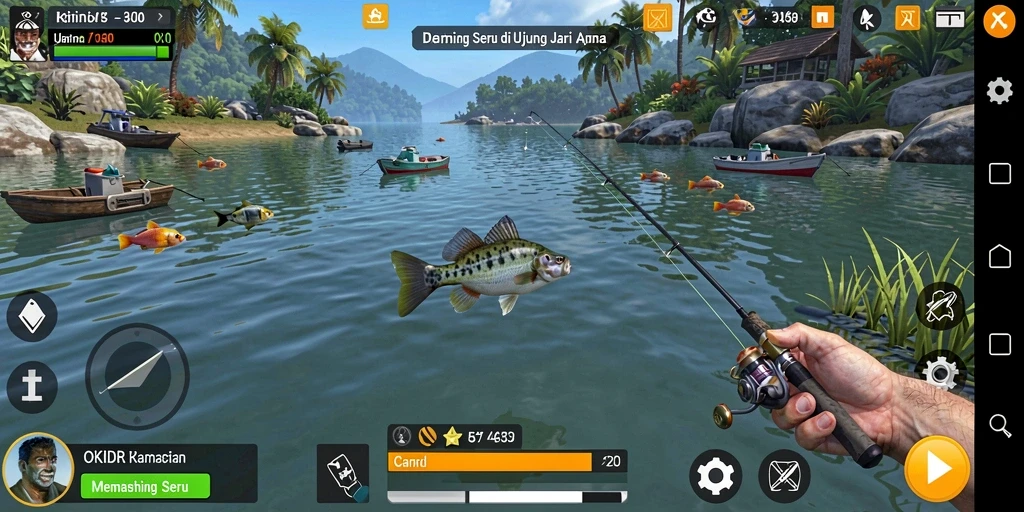 Screenshot gameplay OKIDR menampilkan aksi memancing yang seru.