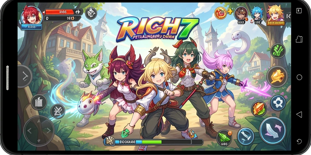 Screenshot menampilkan aksi seru dari gameplay RICH7 yang penuh warna.
