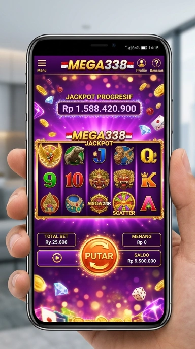 Tampilan utama aplikasi mega338 yang bersih dan modern.